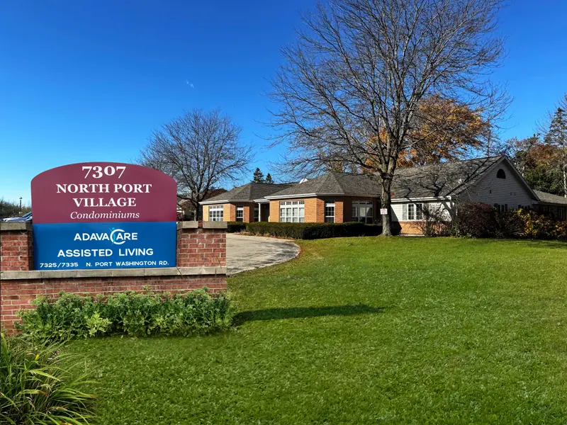 Senior living entrance sign at Adava Care Glendale in Glendale, WI