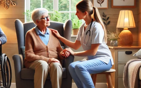 A compassionate caregiver guiding an elderly woman with dementia through a peaceful garden, offering emotional support and companionship in a serene environment.