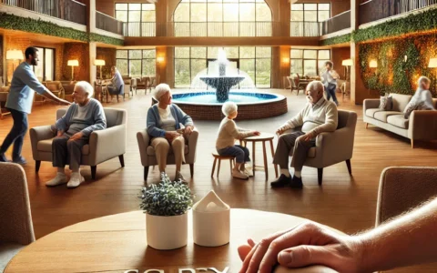 An inviting assisted living facility where seniors enjoy activities, socialize in a cozy common area, and receive support from caring staff in a safe environment.