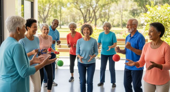 Seniors enjoying group exercise with balls indoors.