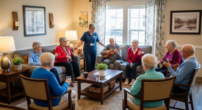 Group of seniors participating in music therapy session.