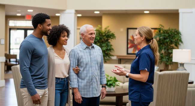 Nurse talking to family in senior living home.