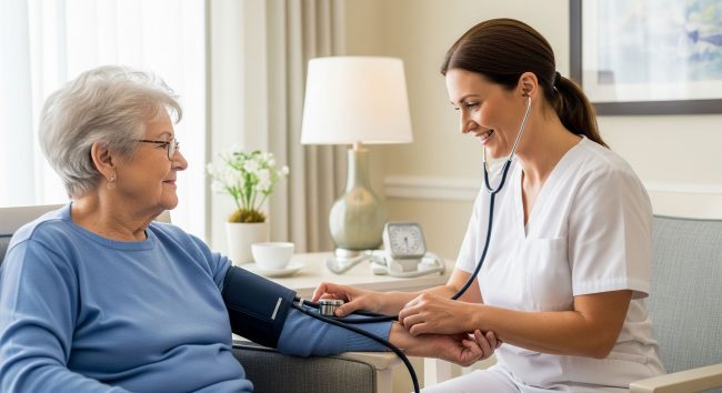 Nurse checking elderly woman's blood pressure at home.