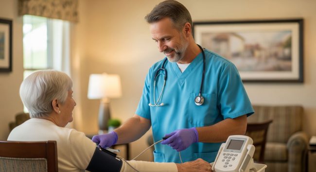 Nurse checking elderly patient's blood pressure.