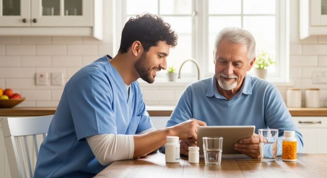 Healthcare professional helping senior with tablet.