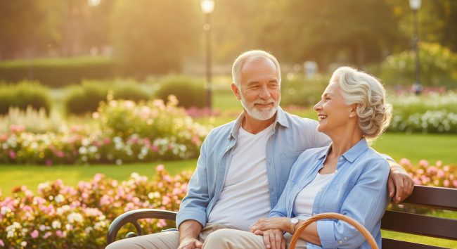 Happy elderly couple sitting in a sunny garden.