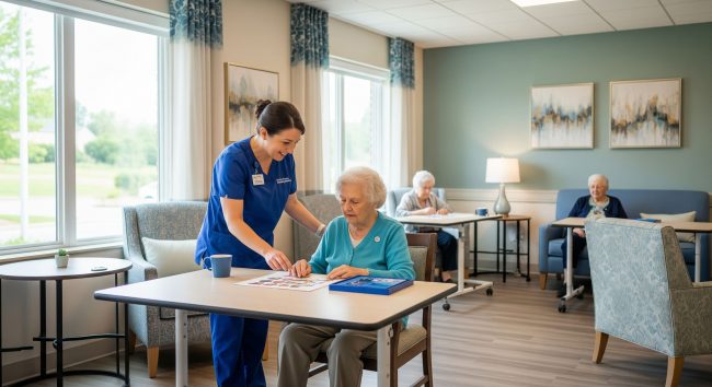 Nurse assisting elderly woman in cozy care facility.