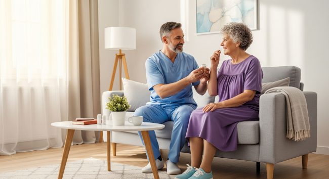 Nurse assisting an elderly woman with medication.
