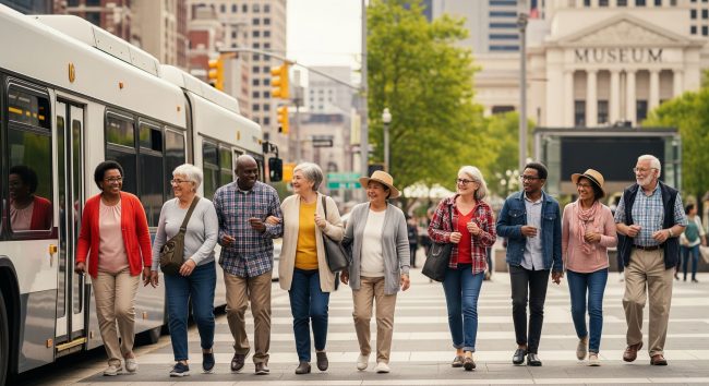 Group of seniors walking by a city bus