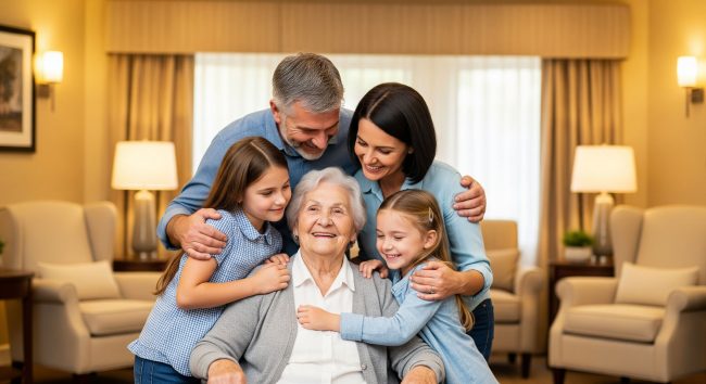 Family gathering, smiling together in a cozy living room.